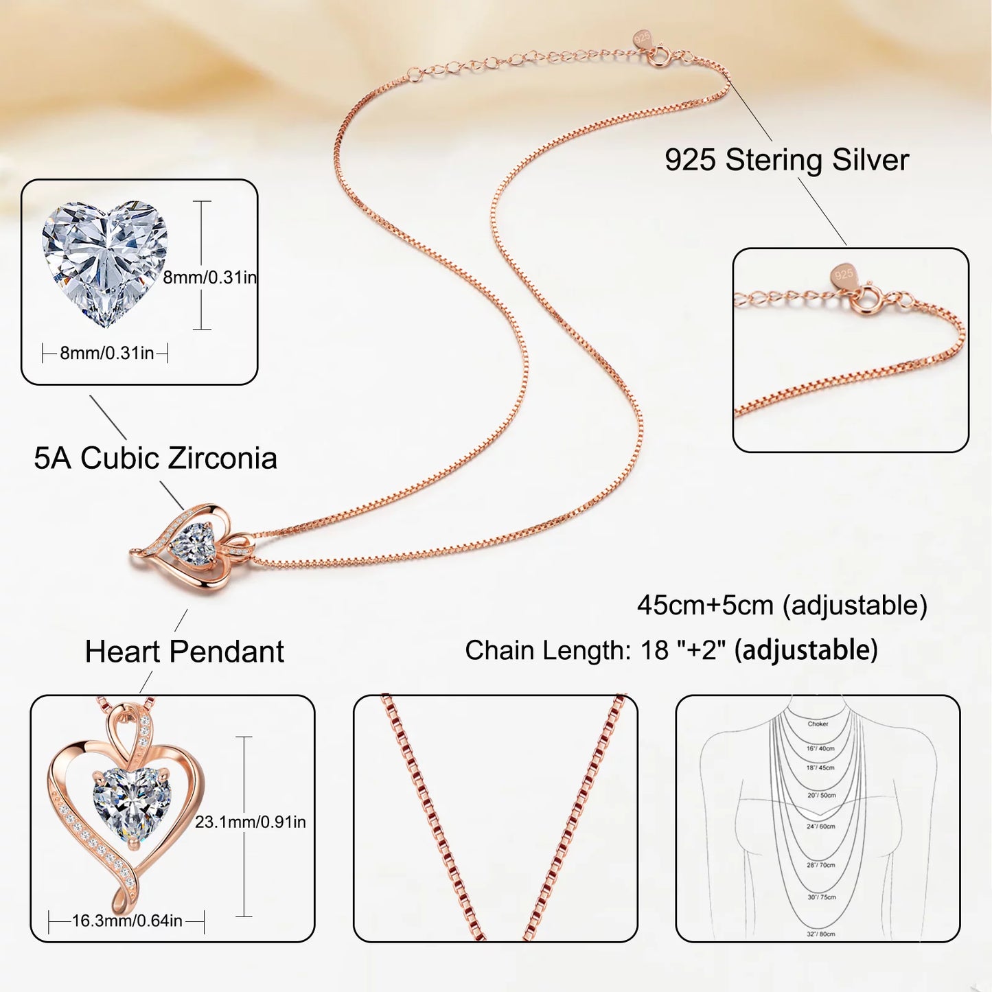 Heart Necklaces for Women 925 Sterling Silver Pendant Necklace Rose Gold White Gold/14K Gold Plated Love Necklace for Her Girlfriend Wife Valentines Day Birthday Women Jewelry Gifts 18"+2"
