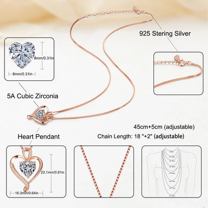 Heart Necklaces for Women 925 Sterling Silver Pendant Necklace Rose Gold White Gold/14K Gold Plated Love Necklace for Her Girlfriend Wife Valentines Day Birthday Women Jewelry Gifts 18"+2"