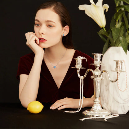 Birthstone Necklace for Women 925 Sterling Silver Necklaces March round Blue Aquamarine Crystal Pendant Gifts for Everyday Wear