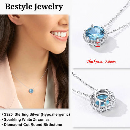 Birthstone Necklace for Women 925 Sterling Silver Necklaces March round Blue Aquamarine Crystal Pendant Gifts for Everyday Wear