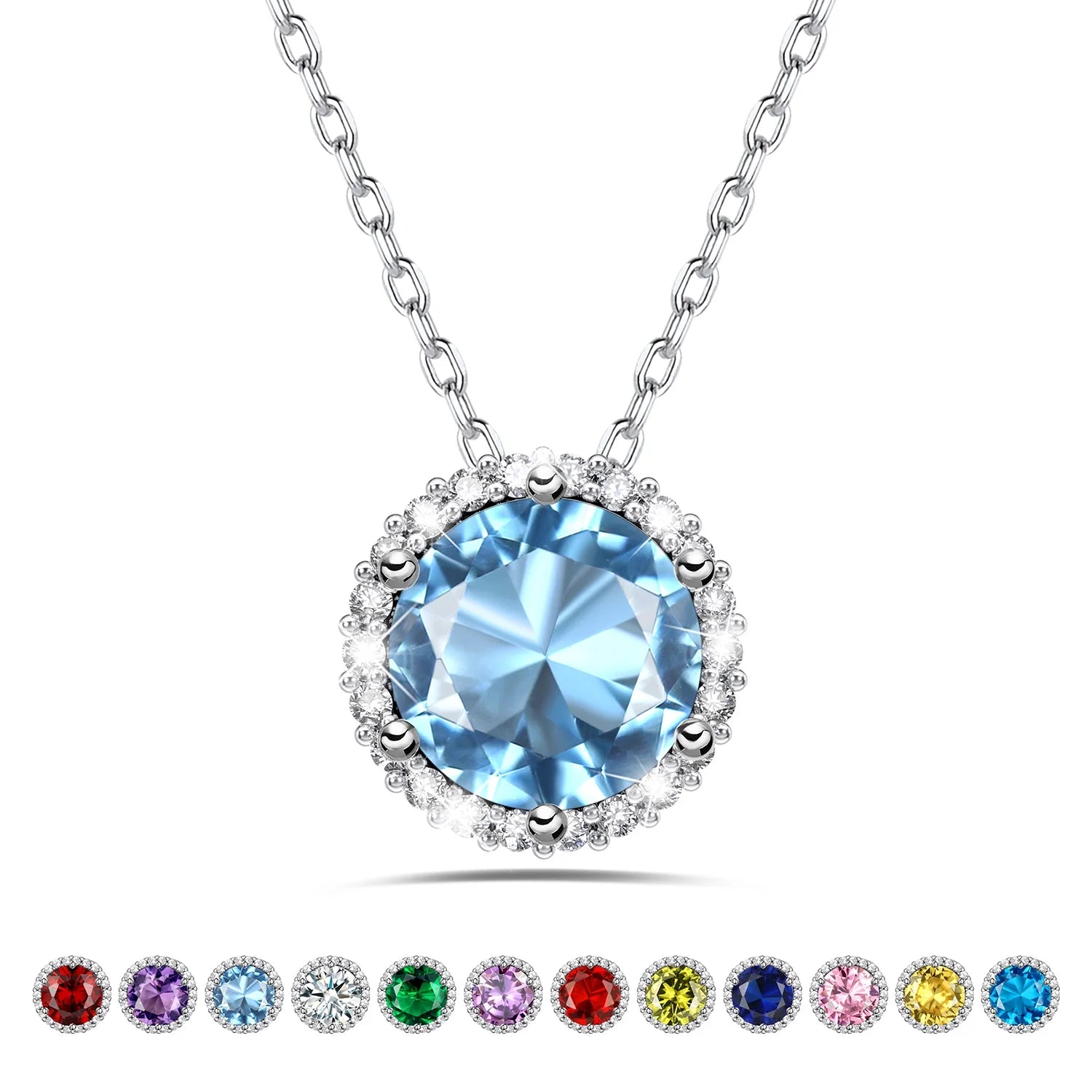 Birthstone Necklace for Women 925 Sterling Silver Necklaces March round Blue Aquamarine Crystal Pendant Gifts for Everyday Wear