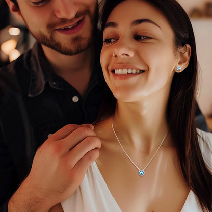 Birthstone Necklace for Women 925 Sterling Silver Necklaces March round Blue Aquamarine Crystal Pendant Gifts for Everyday Wear